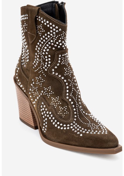 Kadın Taşlı Kalın Taban Western Bot Gerçek Süet Deri Zy 1610 Haki modelleri