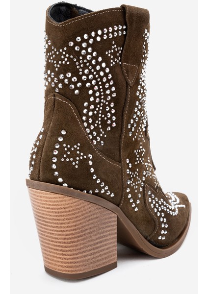 Kadın Taşlı Kalın Taban Western Bot Gerçek Süet Deri Zy 1610 Haki fırsatları