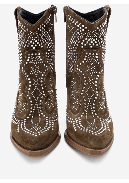 Kadın Taşlı Kalın Taban Western Bot Gerçek Süet Deri Zy 1610 Haki indirimleri