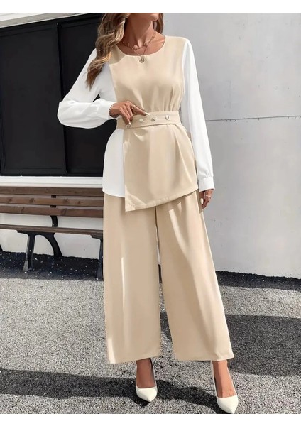 Mdb Kadın Uzun Kollu Açık Yakalı Çift Renkli Kemerli Ithal Krep Ikili Takım