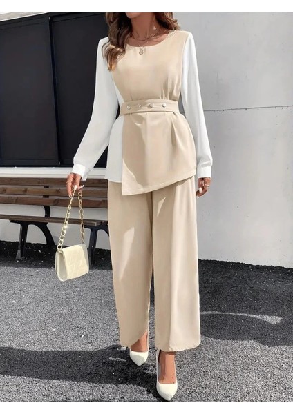 Mdb Kadın Uzun Kollu Açık Yakalı Çift Renkli Kemerli Ithal Krep Ikili Takım modelleri