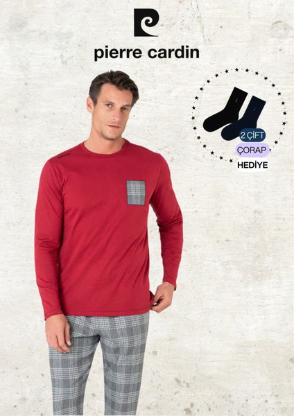 Erkek %100 Pamuk Ekose Detaylı 2 Parça Bordo Pijama Takımı (2 Adet Hediye Çorap) L1.PC.6107.001