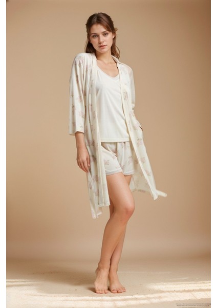 Kadın Ev Giyim 3 Parça Sabahlık & Şortlu Pijama Takımı LL.PC01.K1.D018