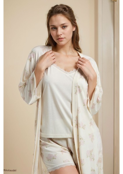 Kadın Ev Giyim 3 Parça Sabahlık & Şortlu Pijama Takımı LL.PC01.K1.D018 indirimleri