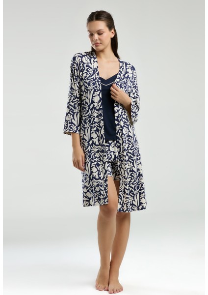 Kadın Giyim Askılı & Şort & Sabahlık 3 Parça Kutulu Lacivert & Ekru Pijama Takımı L1.PC.004.102.K12 modelleri