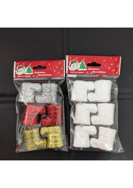 Yılbaşı Çam Ağacı Süsü Renkli Çizmeler Gold Kırmızı Gümüş Simli Yılbaşı Ağacı Süsü Çizme Süs 6 Adet