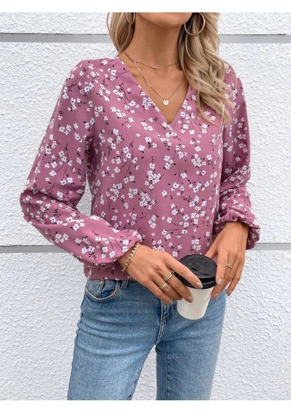 Mdb Kadın Uzun Kollu V Yakalı Çiçek Desenli Modal Bluz