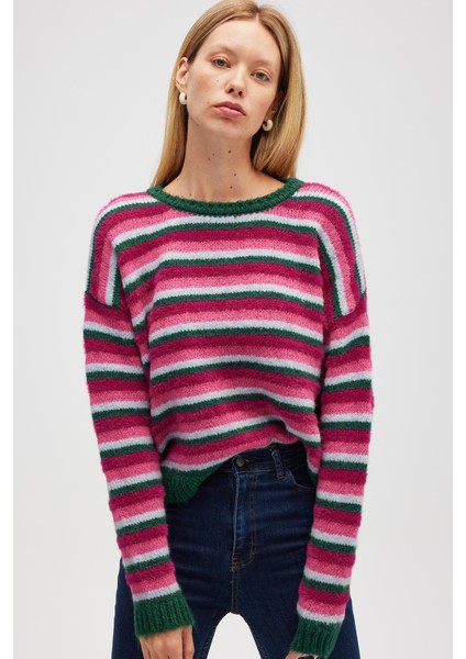 Karmina Çizgili Kadın Triko Krop Kazak - Koyu Yeşil Multi modelleri