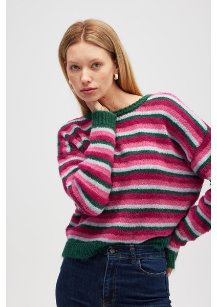 Karmina Çizgili Kadın Triko Krop Kazak - Koyu Yeşil Multi fırsatları