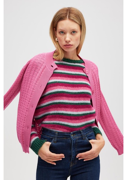 Karmina Çizgili Kadın Triko Krop Kazak - Koyu Yeşil Multi indirimleri