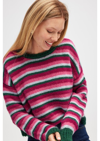 Karmina Çizgili Kadın Triko Krop Kazak - Koyu Yeşil Multi