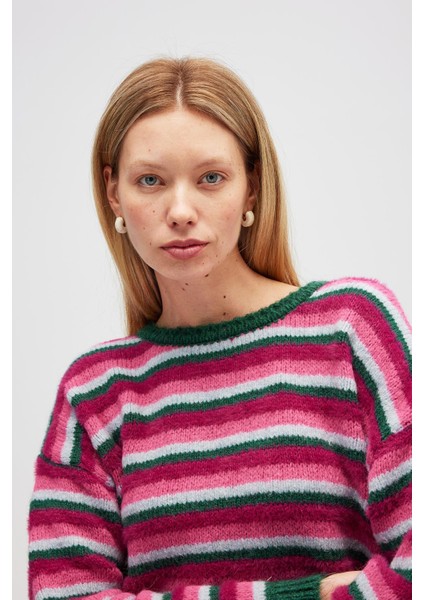 Karmina Çizgili Kadın Triko Krop Kazak - Koyu Yeşil Multi