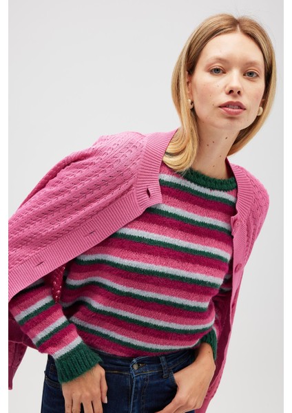 Karmina Çizgili Kadın Triko Krop Kazak - Koyu Yeşil Multi