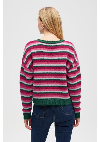 Karmina Çizgili Kadın Triko Krop Kazak - Koyu Yeşil Multi