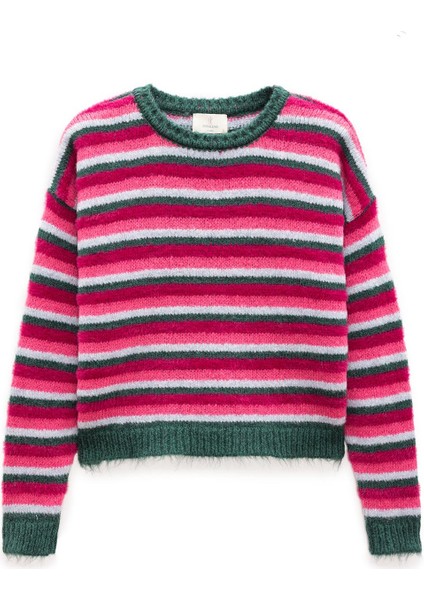 Karmina Çizgili Kadın Triko Krop Kazak - Koyu Yeşil Multi