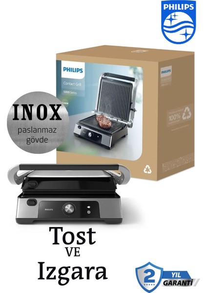 Inox Paslanmaz Gövde, Hızlı Pişirme Için Yüksek Güç, Çıkarılabilir Yapışmaz Plakalar 5000 Serisi Izgara ve Tost Makinesi 2200W