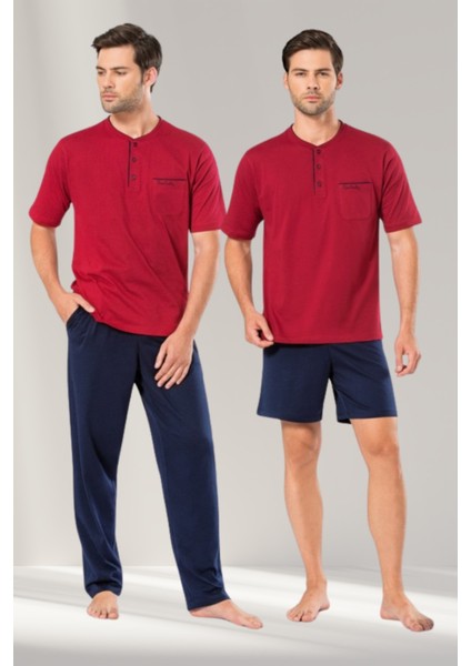 Erkek Lacivert Bordo Renk Alternatifli 3 Lü Pijama Takımı