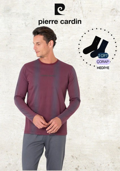 Erkek %100 Pamuk Uzun Kol Çizgi Detaylı Bordo Pijama Takımı (2 Adet Hediye Çorap) L1.PC.6105.001