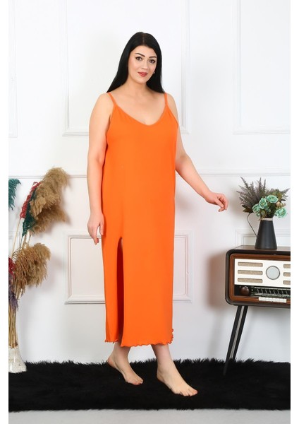 Kadın Büyük Beden Ip Askılı Pamuklu Turuncu Uzun Gecelik fırsatları