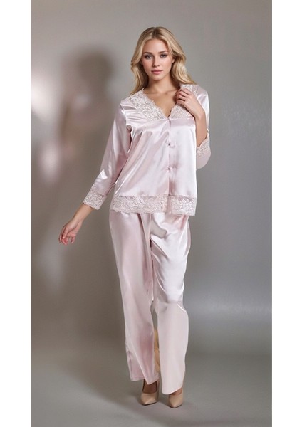 Kadın Saten Pudra Gecelik&sabahlık-Pijama Üst-Pijama Alt& Büstiyer&şort 6'lı Gelin Çeyiz Seti indirimleri