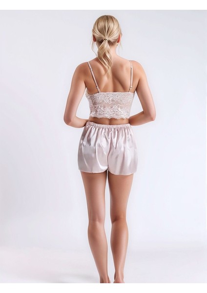 Kadın Saten Pudra Gecelik&sabahlık-Pijama Üst-Pijama Alt& Büstiyer&şort 6'lı Gelin Çeyiz Seti