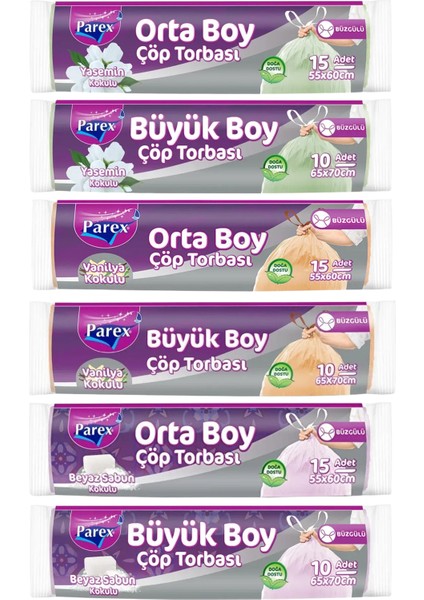 Orta ve Büyük Boy Büzgülü Kokulu 6'lı Çöp Torbası Set