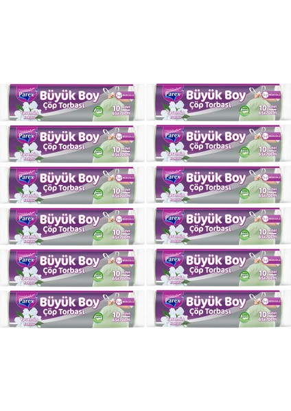 Büzgülü 10'lu Çöp Torbası Yasemin Kokulu Büyük Boy 65 x 70 cm Onikili Paket