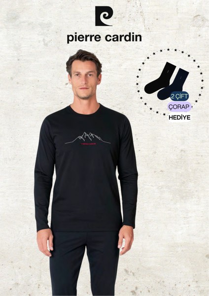 Erkek Giyim %100 Pamuk Uzun Kollu Siyah Pijama Takımı (2 Adet Hediye Çorap) L1.PC.6101.001