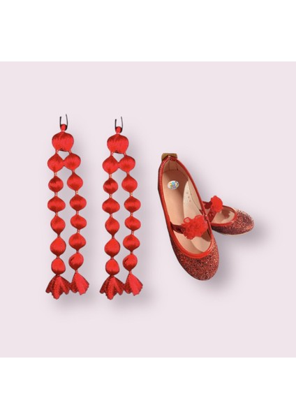 Kırmızı Bubble Saç +Kırmızı Babet Seti 29 Ekim 23 Nisan Yılbası Gösteri Parti Davet Düğün Ayakkabı Kız Çocuk