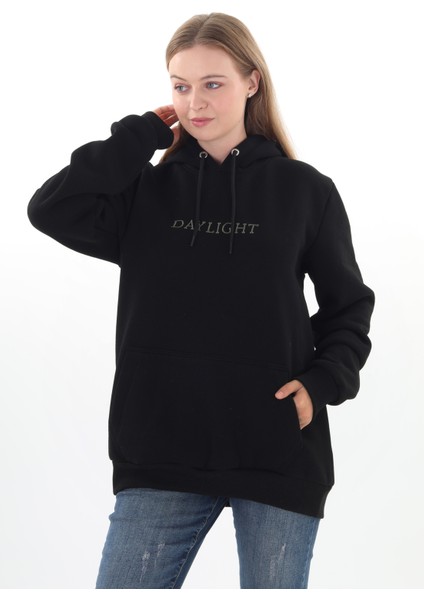 Daylıght Unisex Nakışlı Siyah Kapüşonlu Sweatshirt (Nakış Yeşil) Kanguru Cep Detaylı Hem Erkek Hem De Kadın Için Dizayn Edilmiştir fırsatları