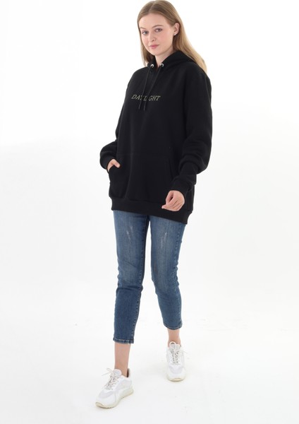 Daylıght Unisex Nakışlı Siyah Kapüşonlu Sweatshirt (Nakış Yeşil) Kanguru Cep Detaylı Hem Erkek Hem De Kadın Için Dizayn Edilmiştir