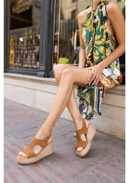 Dembele Kadin Bej Gercek Suet Espadril Lastıklı Sandalet