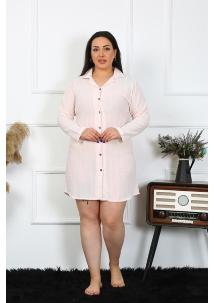 Kadın Büyük Beden Keten Düğmeli Uzun Kol Pembe Tunik Gecelik