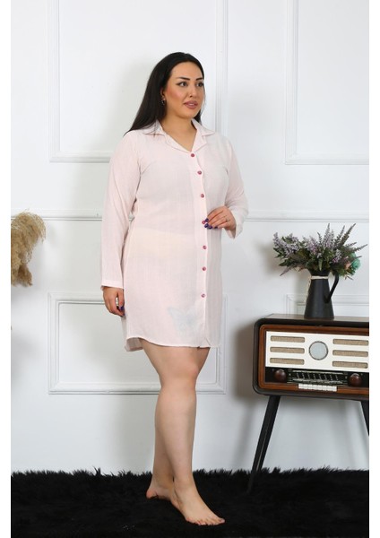 Kadın Büyük Beden Keten Düğmeli Uzun Kol Pembe Tunik Gecelik modelleri