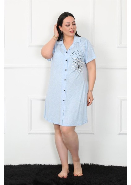 Büyük Beden Penye Düğmeli Mavi Tunik Gecelik fiyatları