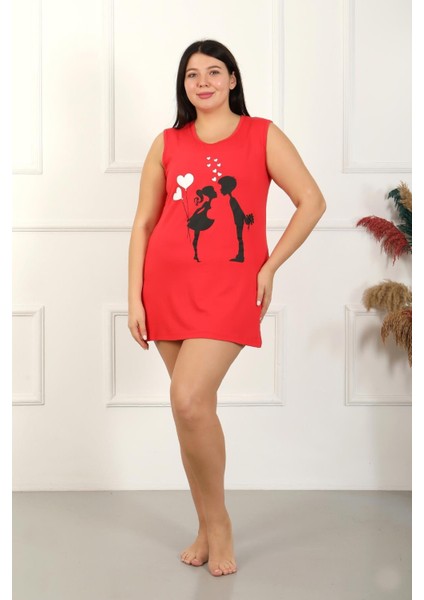 Kadın Büyük Beden Kalın Askılı Penye Diz Üstü Kırmızı Gecelik