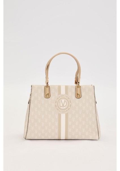 Krem Monogram Desenli El Çantası