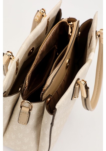 Krem Monogram Desenli El Çantası modelleri