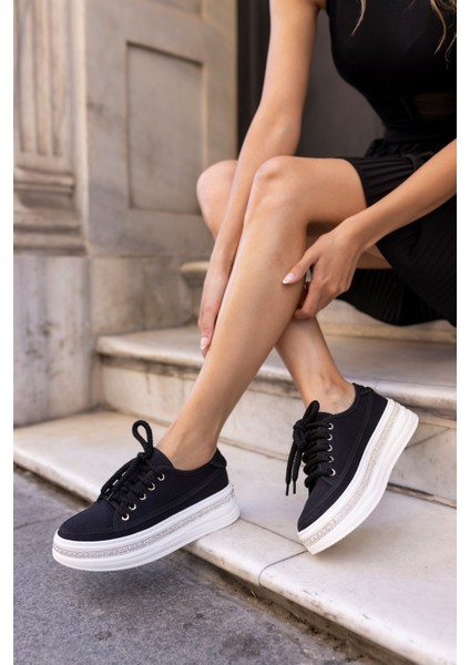 Antony Kadin Siyah Keten Taban Taşli Casual Ayakkabi