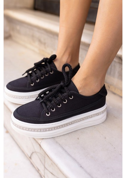 Antony Kadin Siyah Keten Taban Taşli Casual Ayakkabi