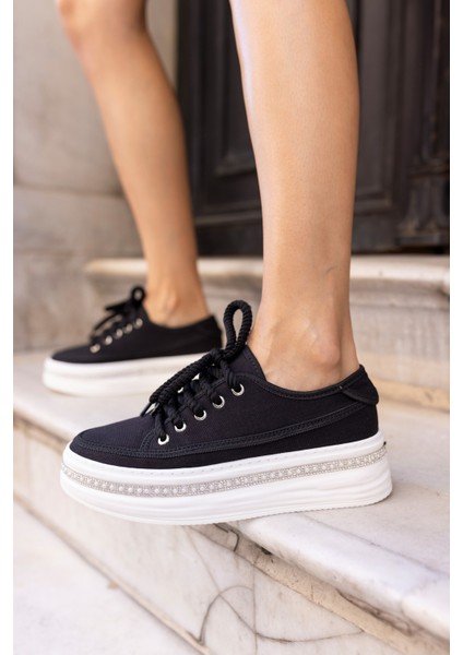 Antony Kadin Siyah Keten Taban Taşli Casual Ayakkabi