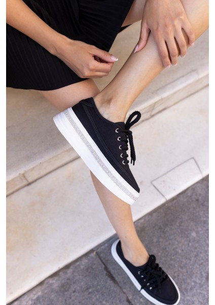 Antony Kadin Siyah Keten Taban Taşli Casual Ayakkabi