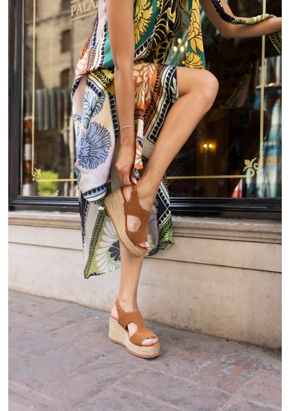 Dembele Kadin Bej Gercek Suet Espadril Lastıklı Sandalet