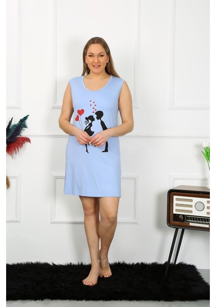 Kadın Büyük Beden Kalın Askılı Penye Diz Üstü Mavi Gecelik