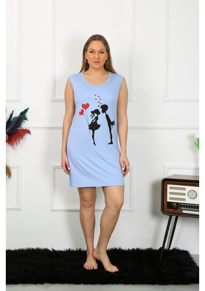 Kadın Büyük Beden Kalın Askılı Penye Diz Üstü Mavi Gecelik fırsatları