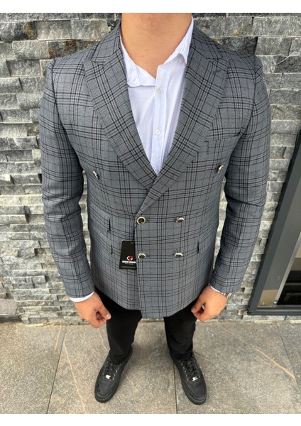 Erkek Slim Fit Ekose Desenli Kruvaze Ceket