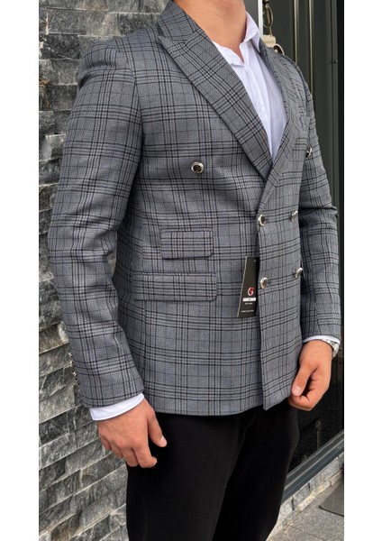 Erkek Slim Fit Ekose Desenli Kruvaze Ceket modelleri