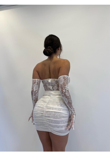 Beyaz Straplez Eldivenli Dantelli Mini Elbise modelleri