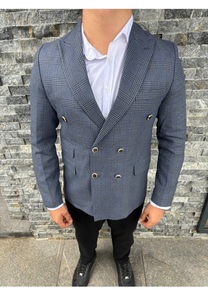 Erkek Slim Fit Ekose Desenli Kruvaze Ceket