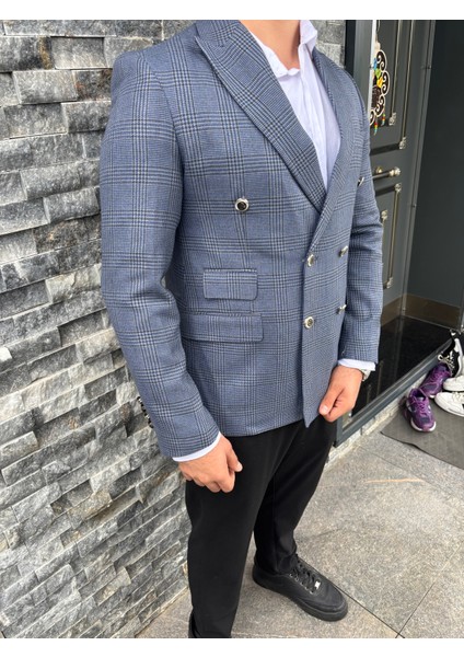 Erkek Slim Fit Ekose Desenli Kruvaze Ceket fiyatları